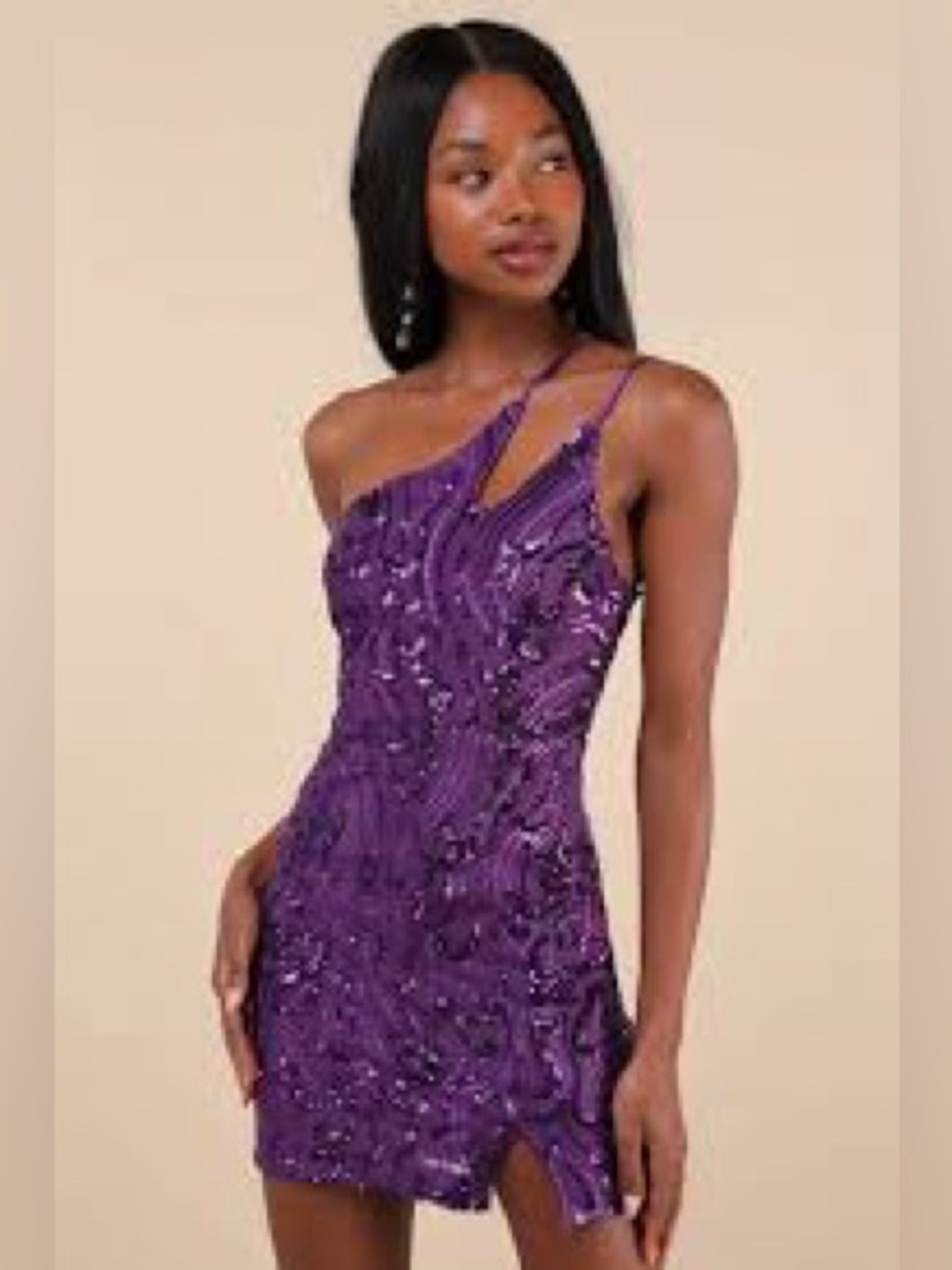 Lulus women’s alluring shine purple sequin one shoulder mini dress